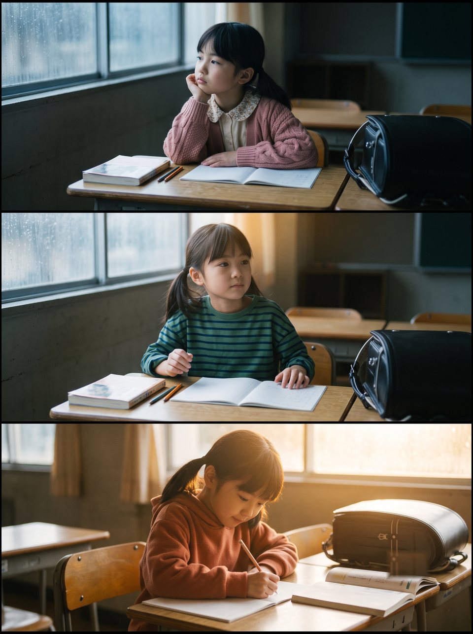 学習に興味が向かない状態から、自分の状態と手立てに気づき、自ら机に向かうまでの3段階の変化